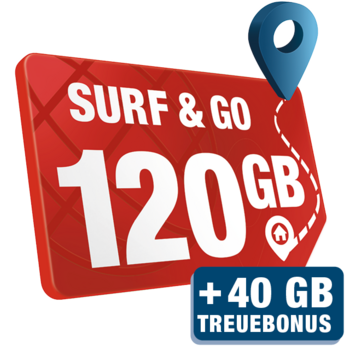 Rote SIM-Karte mit Hinweis auf den Ortel Mobile Tarif Surf and Go 120 Gigabyte mit 40 Gigabyte Treuebonus