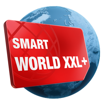 Rote SIM Karte mit der Option Smart World XXL+: Internet Flat 100 GB Highspeed auf blauer Weltkugel