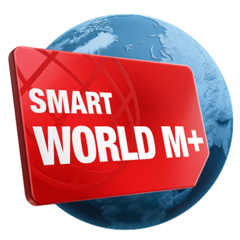 Rote SIM Karte mit dem Tarif Smart Worldt M+: 26 GB Internet Flat auf blauer Weltkugel