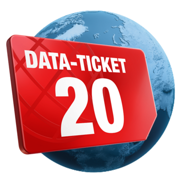 Rote SIM Karte mit dem Tarif Data Ticket 20: 20 GB Flat auf blauer Weltkugel.