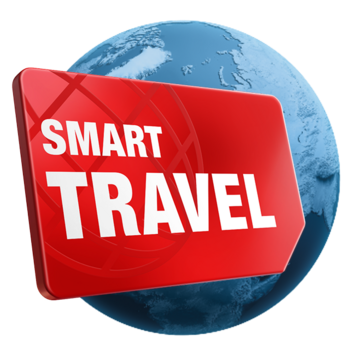 Rote SIM Karte mit dem Tarif Smart Travel: 8 GB + 100 Minuten in der EU auf blauer Weltkugel.