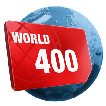 Rote SIM Karte mit dem Tarif World 400: 70 Länder 400 Minuten auf blauer Weltkugel