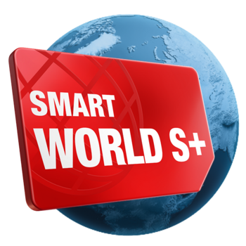 Rote SIM Karte mit der Option Smart world S+: Internet Flat 16 GB Highspeed auf blauer Weltkugel