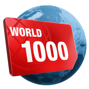 Rote SIM Karte mit dem Tarif World 1.000: 70 Länder 1.000 Minuten auf blauer Weltkugel.
